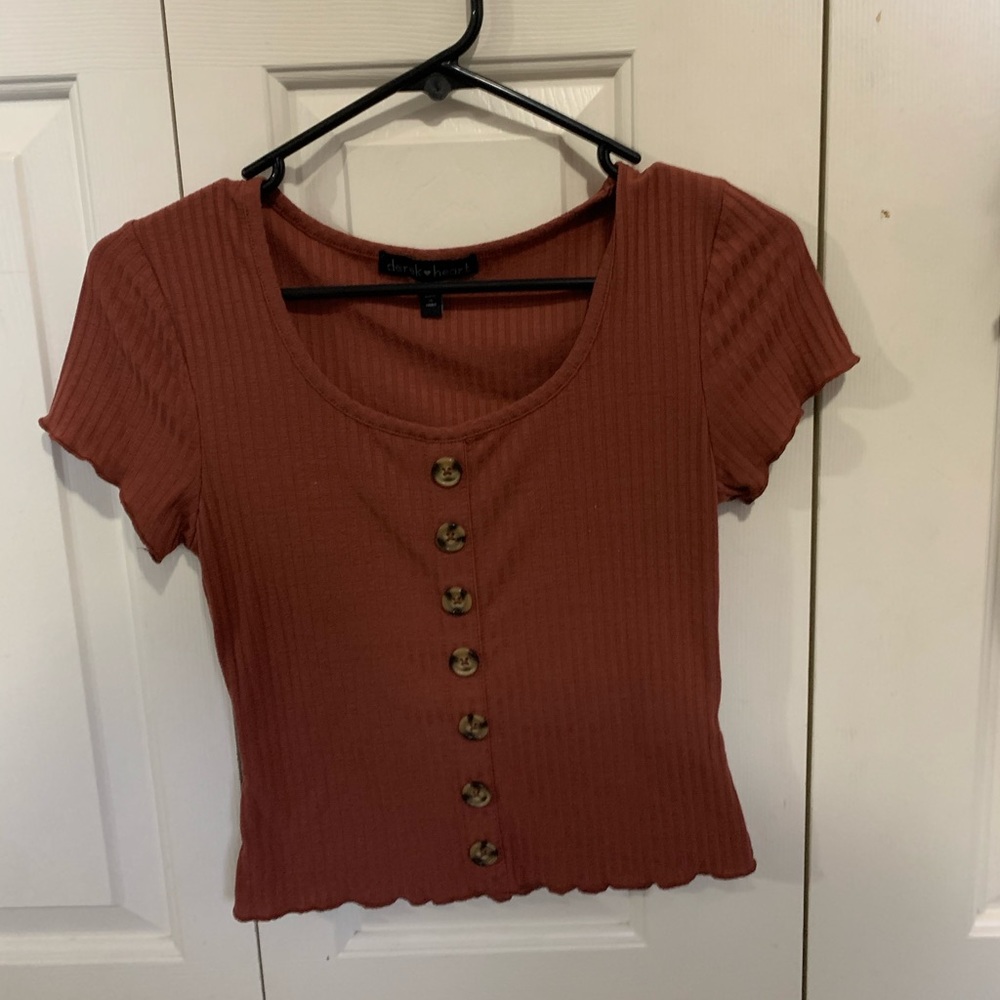 Dark red top with buttons down front